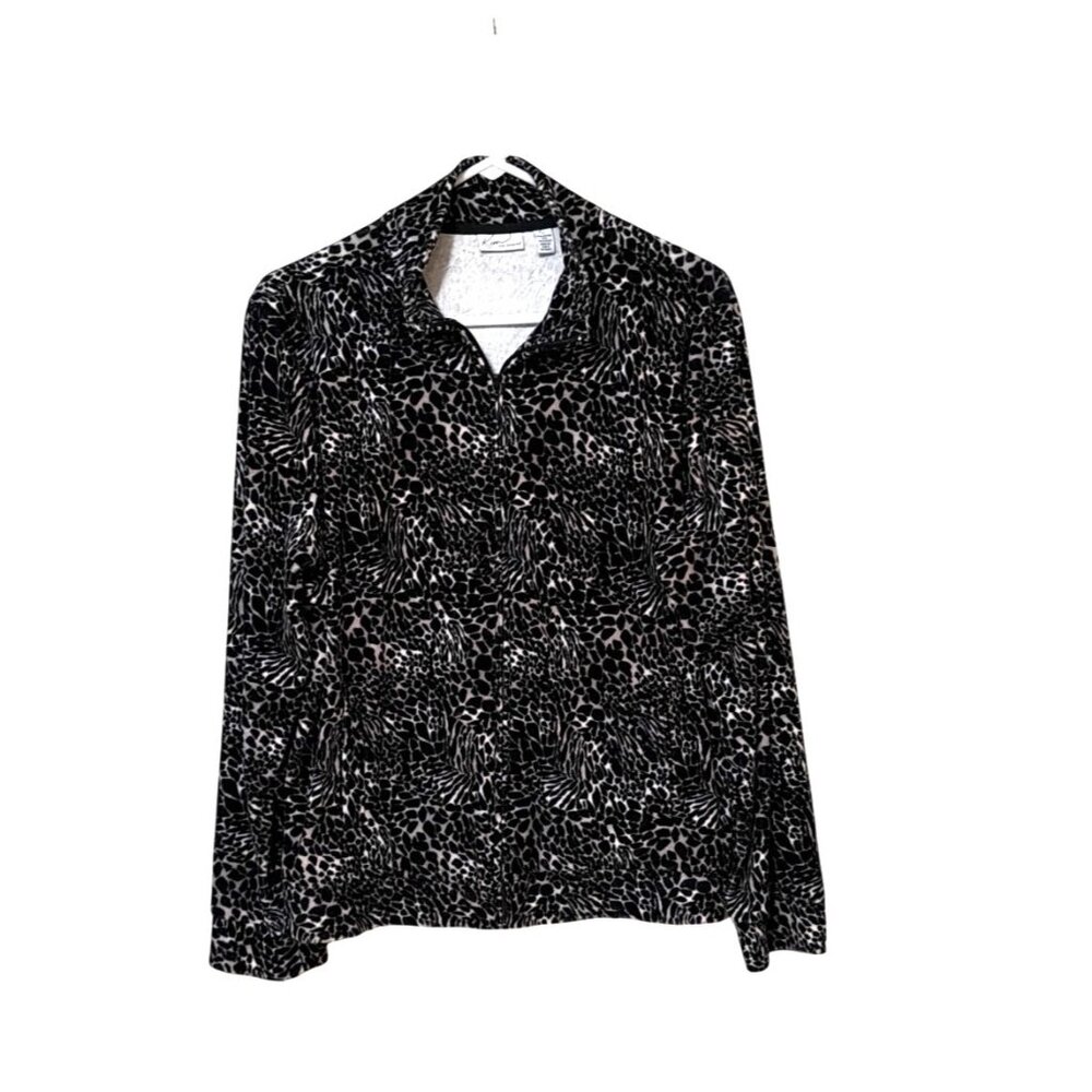 Kim Rogers Womens Black & White Animal Print Velour Jacket Long Sleeve Size L